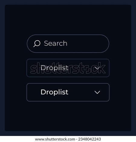 Drop down list UI elements kit. Search information isolated vector components. Flat navigation menus and interface buttons template. Dark theme web design widget collection for mobile application