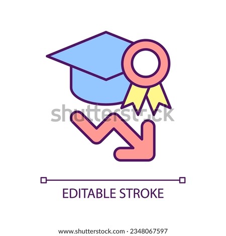 Education quality decreasing RGB color icon. Poor quality studying. Learning problem. Excellence badge. Isolated vector illustration. Simple filled line drawing. Editable stroke. Arial font used