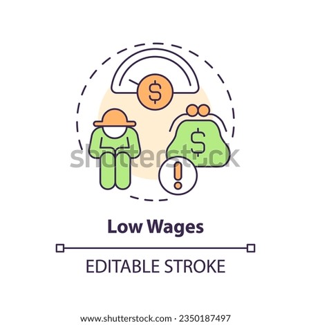 Low wages multi color concept icon. Minimal income. No money. Manual work. Financial problem. Farm worker. Labor market. Round shape line illustration. Abstract idea. Graphic design. Easy to use