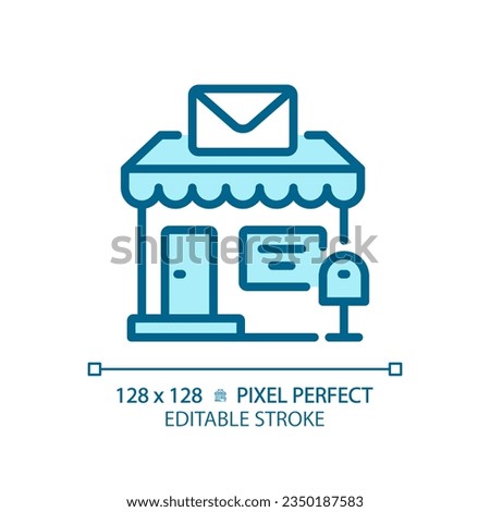 2D pixel perfect editable blue post office icon, isolated vector, building thin line illustration.