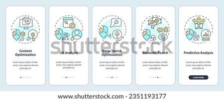 2D icons representing AI for SEO mobile app screen set. Walkthrough 5 steps multicolor graphic instructions with thin line icons concept, UI, UX, GUI template.