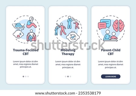 2D icons representing behavioral therapy mobile app screen set. Walkthrough 3 steps colorful graphic instructions with line icons concept, UI, UX, GUI template.