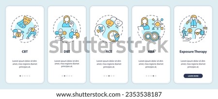 2D icons representing behavioral therapy mobile app screen set. Walkthrough 5 steps multicolor graphic instructions with linear icons concept, UI, UX, GUI template.