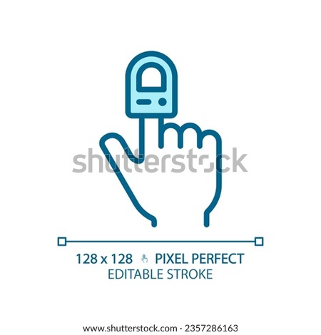 Pulse oximeter pixel perfect light blue icon. Oxygen saturation. Heart rate. Health assessment. RGB color sign. Simple design. Web symbol. Contour line. Flat illustration. Isolated object