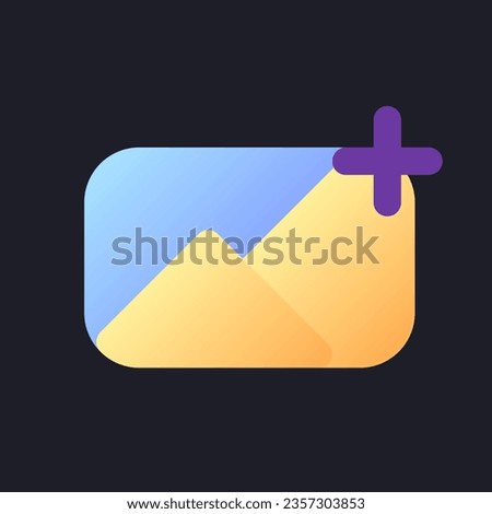 Add image flat gradient fill ui icon for dark theme. Insert photo into footage. Editing tool. Pixel perfect color pictogram. GUI, UX design on black space. Vector isolated RGB illustration