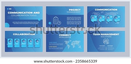 Communication and collaboration tools presentation templates set. Remote working. Team management. Ready made PPT slides on blue background. Graphic design. Montserrat, Arial fonts used