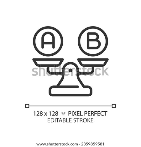 2D pixel perfect customizable black A and B on weight scale icon, isolated vector, thin line illustration representing comparisons.