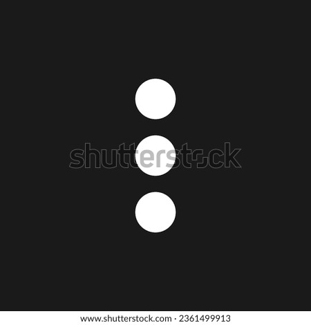 Three vertical dots menu dark mode glyph ui icon. Kebab menu represent. User interface design. White silhouette symbol on black space. Solid pictogram for web, mobile. Vector isolated illustration