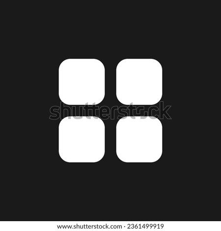 Bento like menu dark mode glyph ui icon. Four squares. Chocolate menu. User interface design. White silhouette symbol on black space. Solid pictogram for web, mobile. Vector isolated illustration