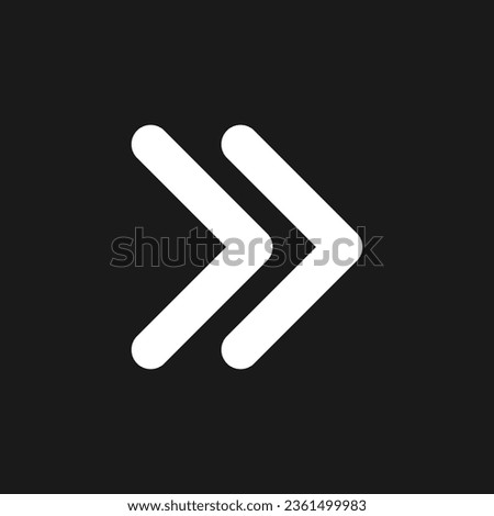 Right double arrow dark mode glyph ui icon. Fast forward button. Speed up. User interface design. White silhouette symbol on black space. Solid pictogram for web, mobile. Vector isolated illustration
