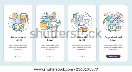 2D icons representing health interoperability resources mobile app screen set. Walkthrough 4 steps multicolor graphic instructions with line icons concept, UI, UX, GUI template.