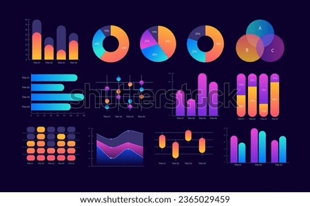 Business statistics and analytics infographic chart design template set for dark theme. Research. Visual data presentation. Bar graphs and circular diagrams collection. Myriad Pro font used