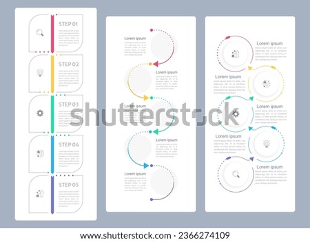 Organizational goals infographic chart design template set. Editable infochart with icons. Instructional graphics with 5 step sequence. Visual data presentation. Merriweather Sans font used