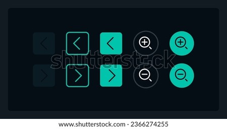 Move arrow and zoom buttons UI elements kit. Isolated vector components. Flat navigation menus and interface buttons template. Web design widget collection for mobile application with dark theme