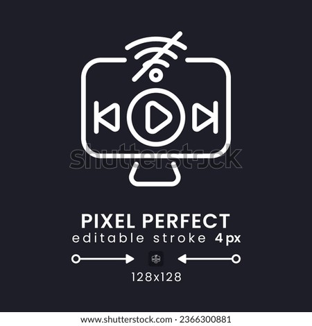 Offline playback white linear desktop icon on black. Streaming platform. Downloading video content. Pixel perfect 128x128, outline 4px. Isolated user interface symbol for dark theme. Editable stroke