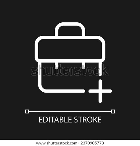 Briefcase with plus pixel perfect white linear ui icon for dark theme. Business communication. Vector line pictogram. Isolated user interface symbol for night mode. Editable stroke. Poppins font used