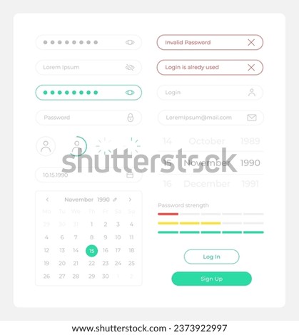 Sign up UI elements kit. Personal information isolated vector components. Flat navigation menus and interface buttons template. Web design widget collection for mobile application with dark theme