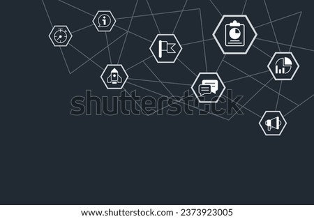 Startup management concept design template with white glyph icons. Editable flat pictograms on abstract background with blank copy space. Vector illustration for ad, web banner, business presentation