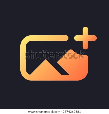 Add image orange solid gradient ui icon for dark theme. Insert photo into footage. Overlay picture. Filled pixel perfect symbol on black space. Modern glyph pictogram for web. Isolated vector image
