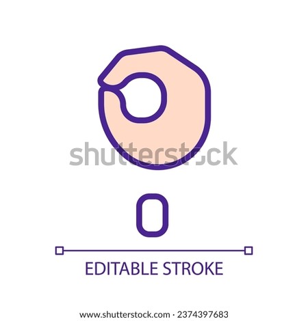 Singing letter O in ASL pixel perfect RGB color icon. System of communication. Visual modality usage. Isolated vector illustration. Simple filled line drawing. Editable stroke. Arial font used