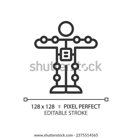 2D pixel perfect editable black motion capture suit icon, isolated simple vector, thin line illustration representing VR, AR and MR.