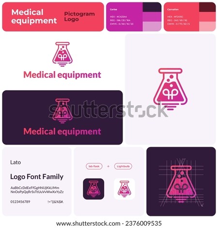 2D medical equipment business logo with brand name. Lab flask and lightbulb icon. Design element and visual identity. Editable template with lato font. Suitable for medical, laboratory, healthcare.