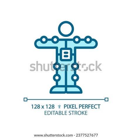 2D pixel perfect editable blue motion capture suit icon, isolated monochromatic vector, thin line illustration representing VR, AR and MR.