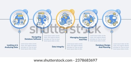 Database management skills circle infographic template. System analyst. Data visualization with 5 steps. Editable timeline info chart. Workflow layout with line icons. Lato Bold, Regular fonts used