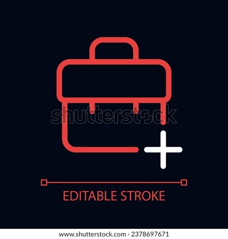Briefcase with plus pixel perfect color linear ui icon for dark theme. Add new workplace. Outline isolated user interface pictogram. GUI, UX design for night mode. Editable stroke. Arial font used