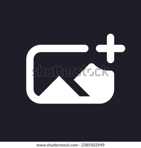 Add image white pixel perfect solid ui icon. Insert photo into footage. Editing tool. Silhouette symbol for dark mode. Glyph pictogram on black space for web, mobile. Vector isolated image