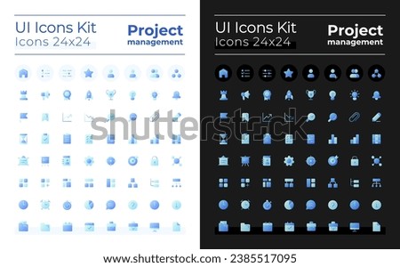 Project management pixel perfect flat gradient two-color ui icons kit for dark, light mode. Business plan. Vector isolated RGB pictograms. GUI, UX design for web, mobile. Poppins font used