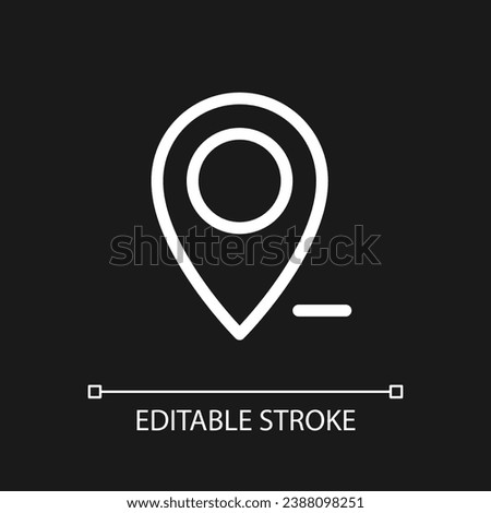 Remove pin from map pixel perfect white linear ui icon for dark theme. Unpin location. Vector line pictogram. Isolated user interface symbol for night mode. Editable stroke. Arial font used