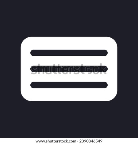 Hamburger menu button dark mode glyph ui icon. Interactive element. User interface design. White silhouette symbol on black space. Solid pictogram for web, mobile. Vector isolated illustration