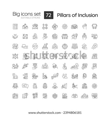 Pillars of inclusion linear icons set. Sustainable development. Social justice. Safe environment. Fair treatment. Customizable thin line symbols. Isolated vector outline illustrations. Editable stroke