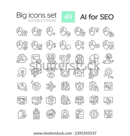 2D editable thin line icons set representing AI for SEO, isolated vector, linear illustration.