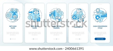 2D icons representing key metrics cash flow monochromatic mobile app screen set. Walkthrough 5 steps blue graphic instructions with line icons concept, UI, UX, GUI template.