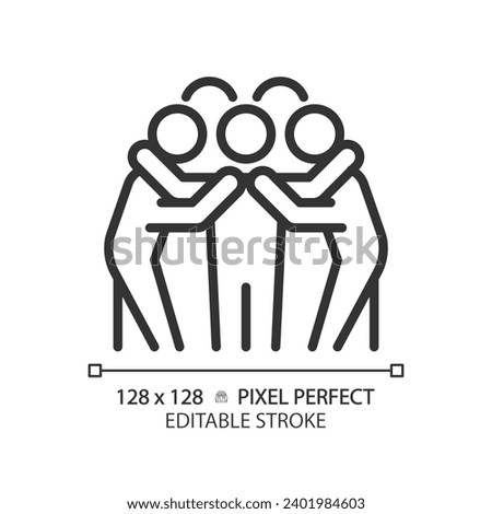 Team huddle linear icon. Unity in sports. Team game. American football. Motivation for players. Strategy discussion. Thin line illustration. Contour symbol. Vector outline drawing. Editable stroke