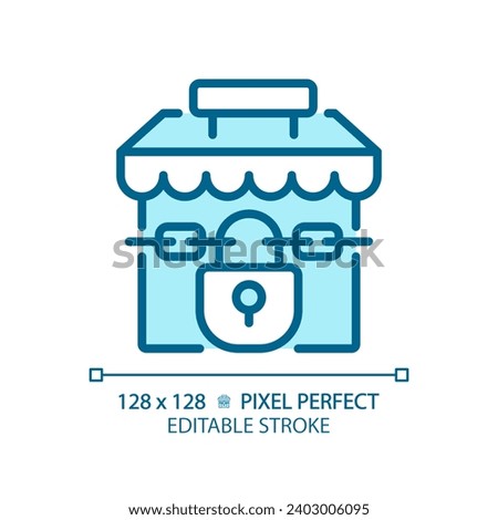 2D pixel perfect editable blue closed shop icon, isolated monochromatic vector, thin line illustration representing economic crisis.