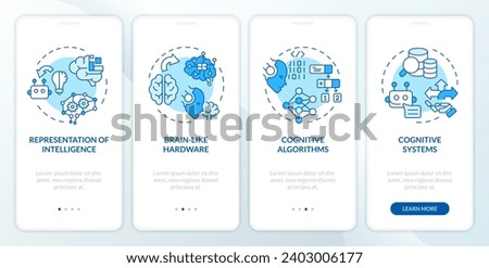 2D linear icons representing architecture of cognitive computing mobile app screen set. Walkthrough 4 steps blue graphic instructions with concept, UI, UX, GUI template.