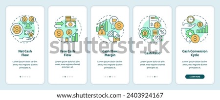 2D icons representing key metrics cash flow mobile app screen set. Walkthrough 5 steps multicolor graphic instructions with line icons concept, UI, UX, GUI template.