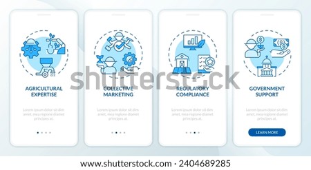 2D icons representing competences and capabilities within agri-food clusters mobile app screen set. Walkthrough 4 steps blue graphic instructions with linear icons concept, UI, UX, GUI template.