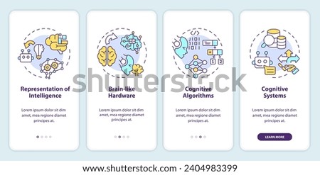 2D linear icons representing architecture of cognitive computing mobile app screen set. Walkthrough 4 steps multicolor graphic instructions with concept, UI, UX, GUI template.