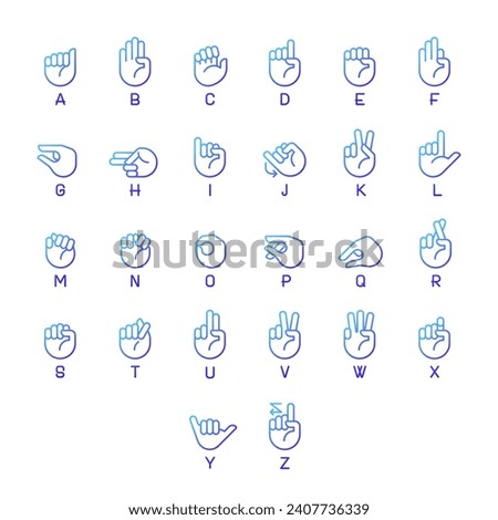 Letters in American sign language pixel perfect gradient linear vector icons set. ASL for patients with deafness. Thin line contour symbol designs bundle. Isolated outline illustrations collection