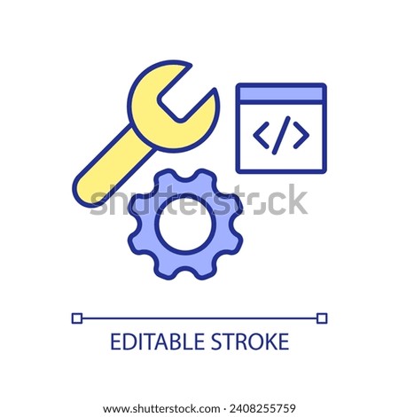 Gear development tools RGB color icon. Web technology. Software feature. Digital product. Website building. Isolated vector illustration. Simple filled line drawing. Editable stroke. Arial font used