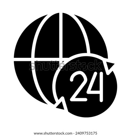 Nonstop worldwide support service black glyph icon. International round hour help. Constant online customer assistance. Silhouette symbol on white space. Solid pictogram. Vector isolated illustration