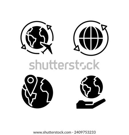 Travel around world black glyph icons set on white space. International tourism. Worldwide flight. Planet map navigation. Silhouette symbols. Solid pictogram pack. Vector isolated illustration