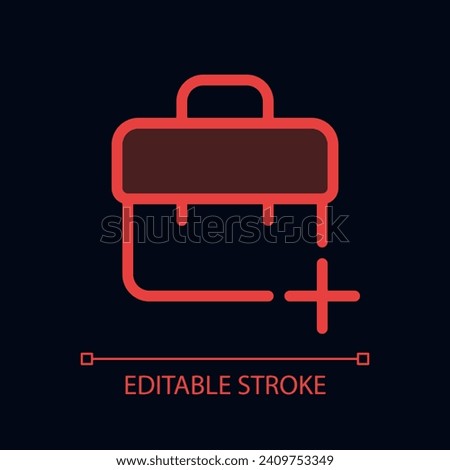 Briefcase with plus pixel perfect glassmorphism ui icon for dark theme. Color filled line element with transparency. Isolated vector pictogram for night mode. Editable stroke