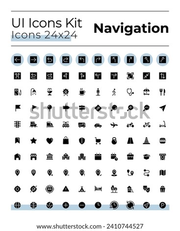Tracking real time location black glyph ui icons set. GPS tool. Silhouette symbols on white space. Solid pictograms for web, mobile. Isolated vector illustrations. Montserrat Bold, Light fonts used