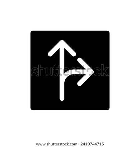 Straight and turn right traffic sign black glyph ui icon. Directing arrows. User interface design. Silhouette symbol on white space. Solid pictogram for web, mobile. Isolated vector illustration