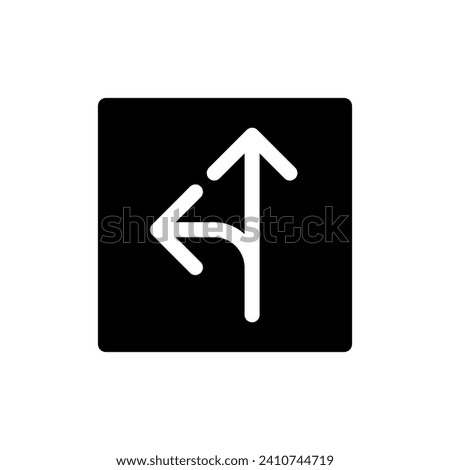 Straight and turn left traffic sign black glyph ui icon. Reach destination. User interface design. Silhouette symbol on white space. Solid pictogram for web, mobile. Isolated vector illustration